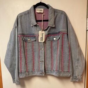 Women's Light Blue Denim Jacket with Pink Trim